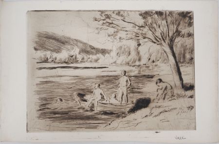 Punta Secca Luce - Maximilien LUCE - Baigneurs à la rivière, Bessy Vers 1890 - Gravure originale signée