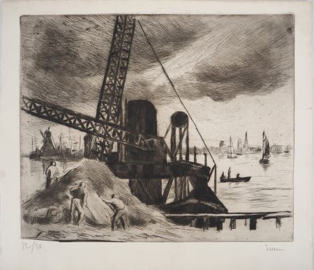 Punta Secca Luce - Maximilien LUCE - Grue du port de Rotterdam Vers 1890 -Gravure originale signée