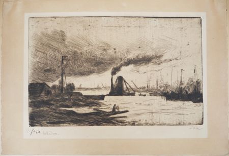 Punta Secca Luce - Maximilien LUCE - Rotterdam, voiliers à quai et  fumée dans le port Vers 1890 - Gravure originale signée