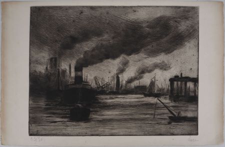 Punta Secca Luce - Maximilien LUCE - Vue du port de Rotterdam Vers 1890-1895 - Gravure originale signée