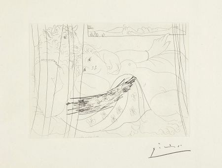Acquaforte Picasso - Minotaure et jeune femme enlacés rêvant sous une fenêtre (Minotaure and Young Woman Embracing Under a Window), plate 91, from La suite Vollard