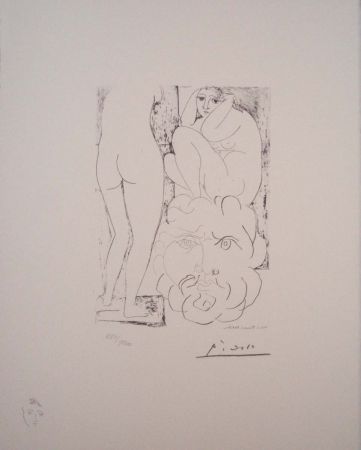 Litografia Picasso - Modelo, escultura de espaldas y cabeza barbuda