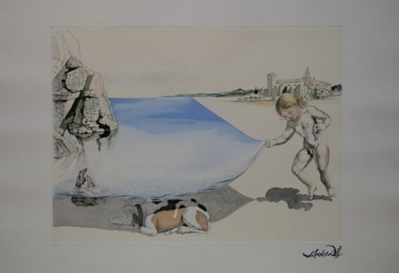 Acquaforte Dali - Moi-meme à l'age de six ans, soulevant avec une extreme précaution la peau de la mer pour observer un chien dormant à l'ombre de l'eau