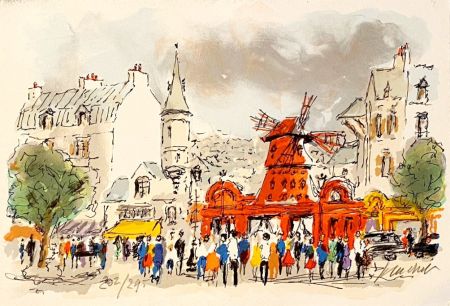 Litografia Huchet - Montmartre: Le Moulin Rouge