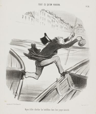 Litografia Daumier - Moyen d'aller chercher les barbillons dans leur propre domicile (The best way to catch fish in their own environment)