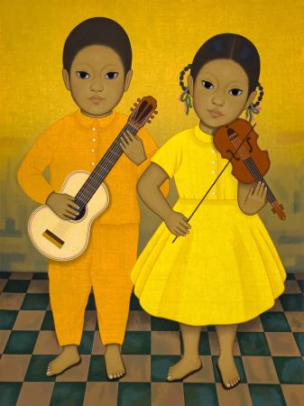 Serigrafia Montoya - Músicos, Chica y nino sosteniendo instrumentos de cuerda