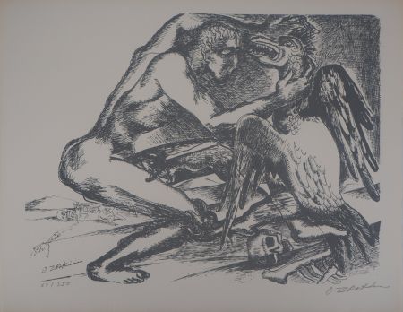 Litografia Zadkine -  Mythologique Hercule lutte contre un oiseau du lac de Stymphale