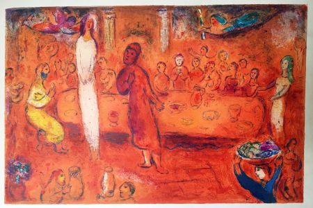 Litografia Chagall - MÉGACLÈS RECONNAIT SA FILLE PENDANT LE FESTIN  (Daphnis & Chloé - 1961)
