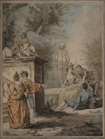 Acquatinta Janinet - Nach Jean Antoine Watteau (1684-1721). Komödiantenszene 
