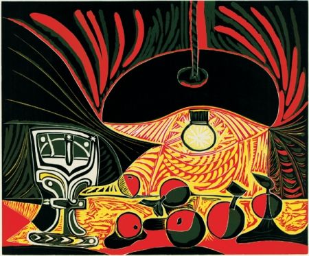 Linoincisione Picasso - Nature morte au verre sous la lampe