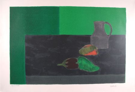 Litografia Cathelin - Nature morte noire et verte aux poivrons - Still Life in black and green with peppers
