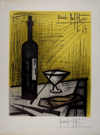 Litografia Buffet - Nature morte à la bouteille de vin et au pain, 1964 - Hand-signed