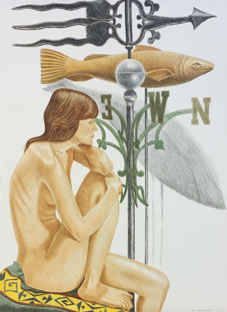 Litografia Pearlstein - NUDE MODEL WITH BANNER AND FISH WEATHERVANE