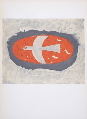 Litografia Braque - Oiseau blanc sur fond rouge, 1967