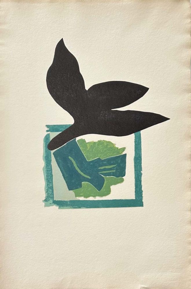 Incisione Su Legno Braque - Oiseau noir sur fond vert