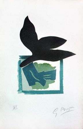 Incisione Su Legno Braque - Oiseau noir sur fond vert