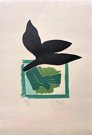 Incisione Su Legno Braque - Oiseau noir sur fond vert