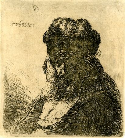 Incisione Rembrandt - 	Old Bearded Man in a High Fur Cap, with Eyes Closed, c. 1635