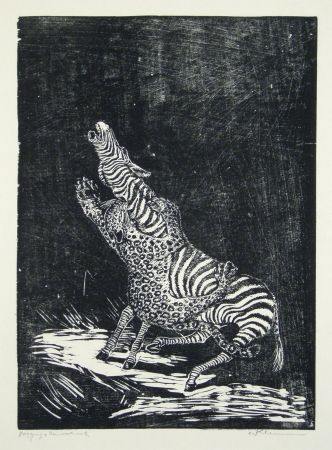 Incisione Su Legno Klemm - Panther und Zebra 
