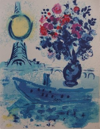 Litografia Chagall - Paris : Bateau mouche au bouquet  - La Seine