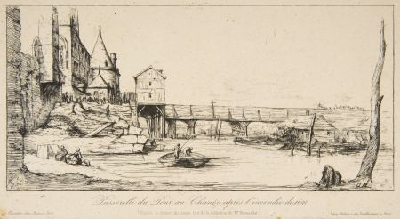 Incisione Meryon - Passerelle du Pont-au-Change, Paris, après l'incendie de 1621