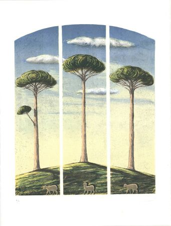 Litografia Lazzeri - Pecore al albero