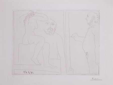 Incisione Picasso - Peintre et modele de dos, avec un spectateur