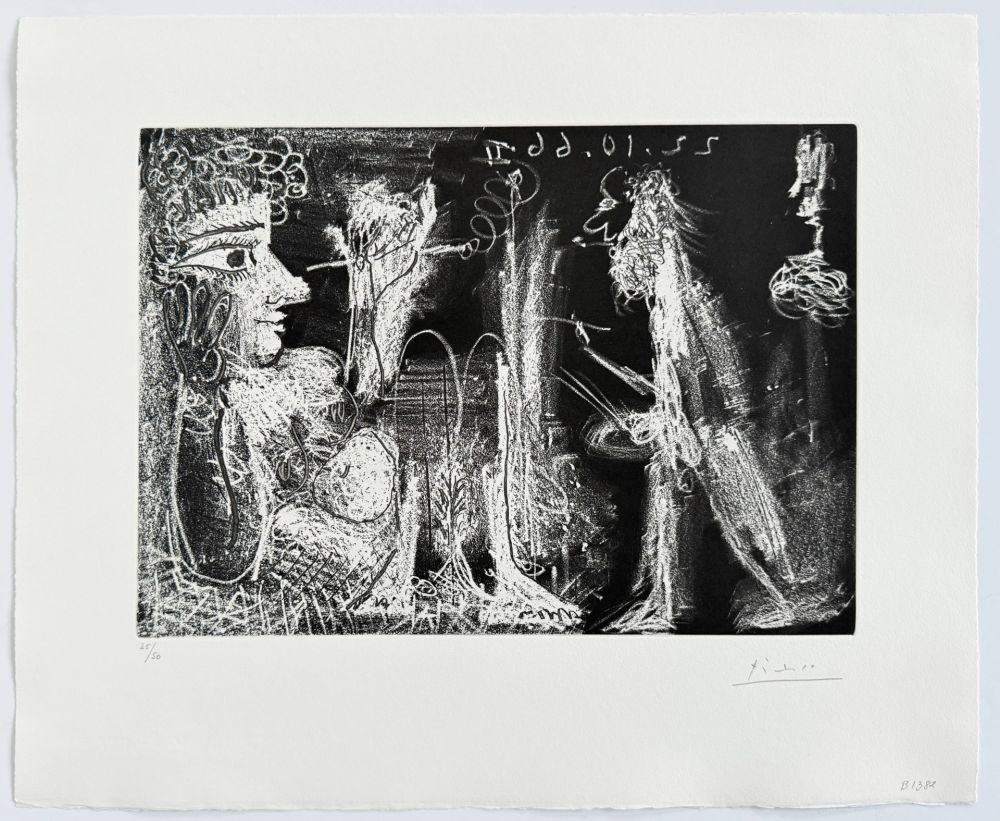 Acquaforte E Acquatinta Picasso - Peintre et modèle au fume-cigarette