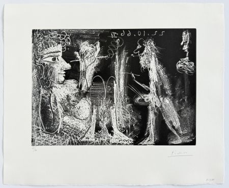 Acquaforte E Acquatinta Picasso - Peintre et modèle au fume-cigarette