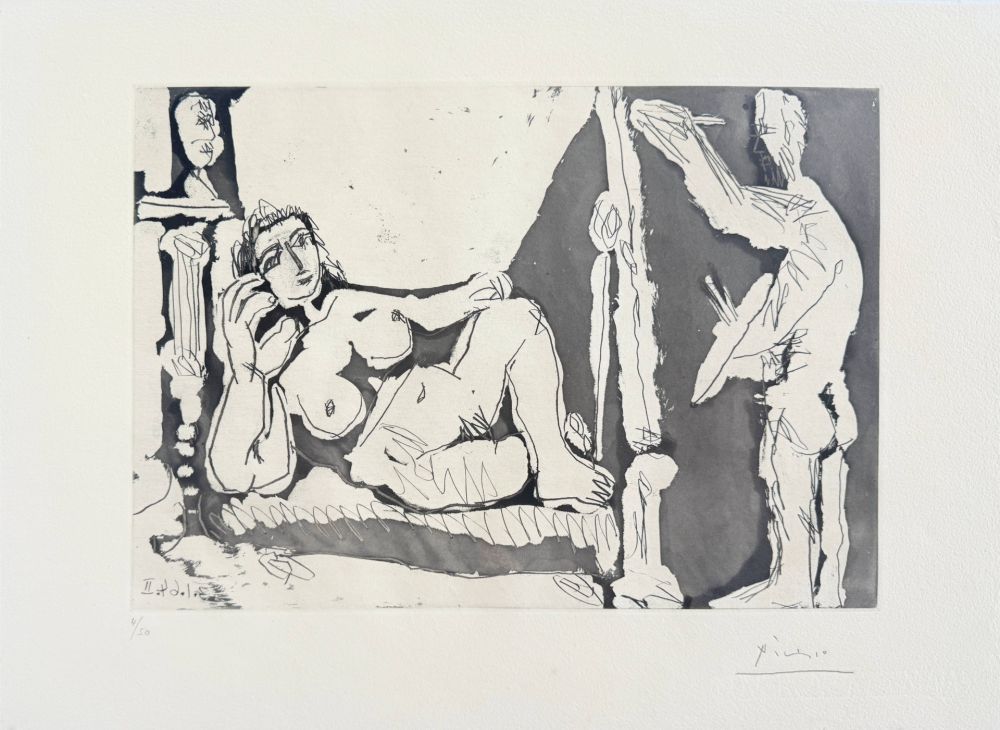 Acquaforte E Acquatinta Picasso - Peintre et modèle, avec une sculpture I