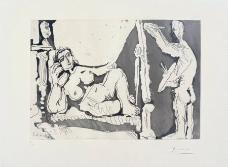 Acquaforte E Acquatinta Picasso - Peintre et modèle, avec une sculpture I