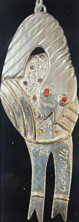 Non Tecnico Corneille - Pendentif L'Oiseau - Serpent  - Bijou d'artiste en Argent, pierres de couleurs et filets d'or. Pièce Unique