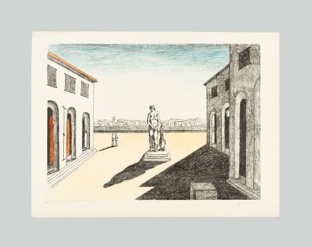 Litografia De Chirico - Piazza d'Italia con efebo