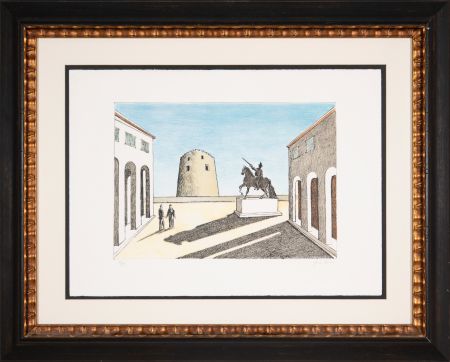Litografia De Chirico - Piazza d'Italia con statua equestre