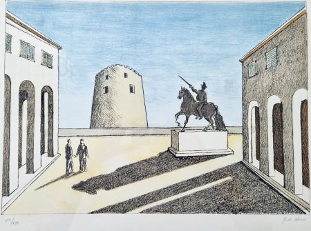 Litografia De Chirico - Piazza d'Italia con statua equestre.