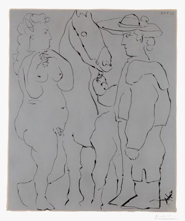 Linoincisione Picasso - Picador Debout avec son Cheval et une Femme (Picador, Woman and Horse)