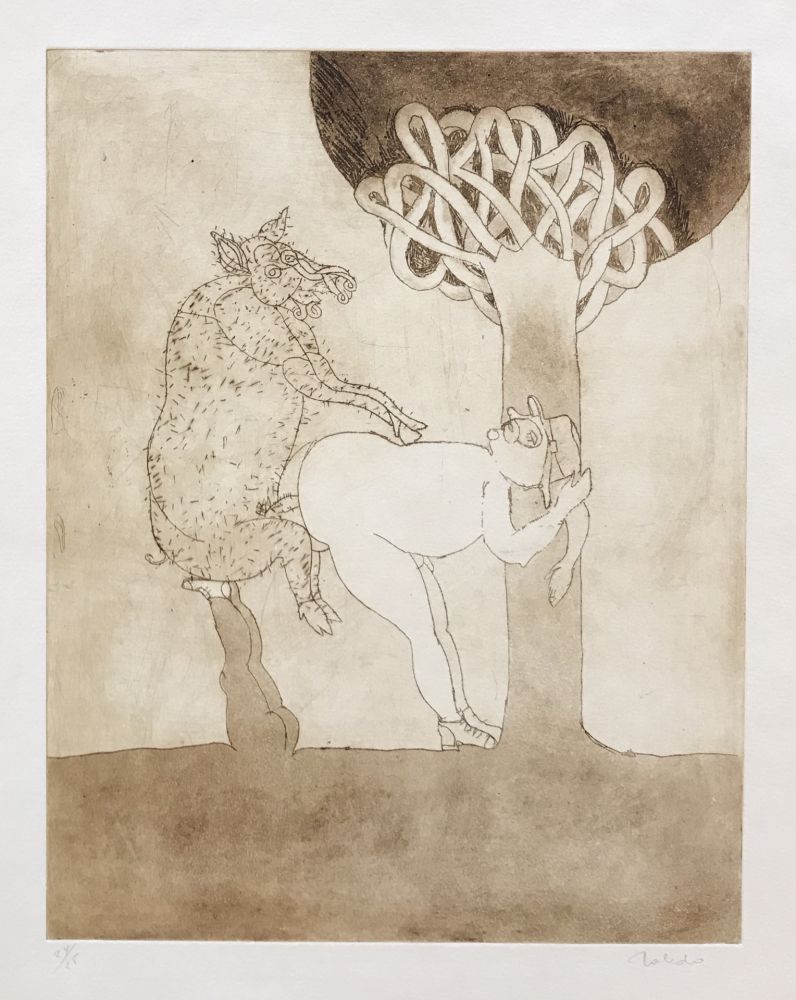 Incisione Toledo - Pig and Man by Tree