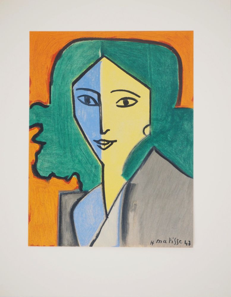 Litografia Matisse - Portrait bleu, vert et jaune