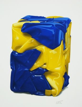 Litografia Cesar - Portrait compression en jaune et bleu