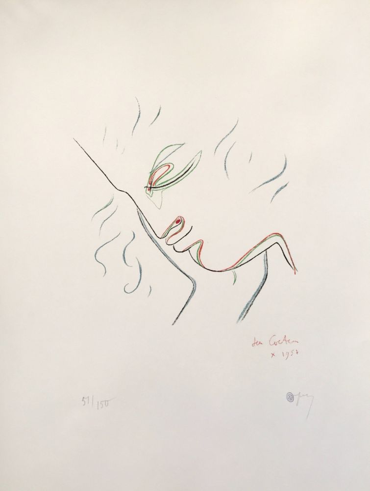 Litografia Cocteau - Profile in Red, Green, and Blue