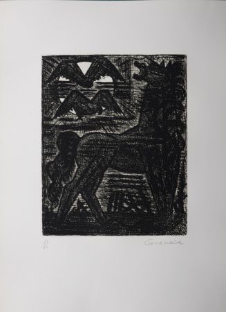 Acquaforte Gromaire - Présages, cheval noir et oiseaux de nuit, 1958
