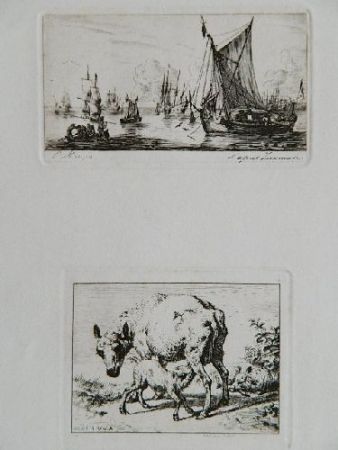 Incisione Meryon - Pêcheurs de la mer du sud (after Zeeman) [with] La brebis et les deux agneaux (after Van de Velde)