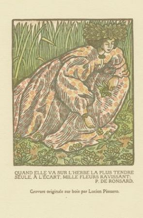 Incisione Su Legno Pissarro - Quand elle va sur l'herbe... / Girl Picking Flowers