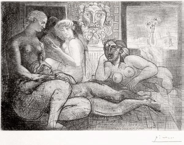 Acquaforte Picasso - ‚Quatre femmes nues et tete sculptée La Suite Vollard