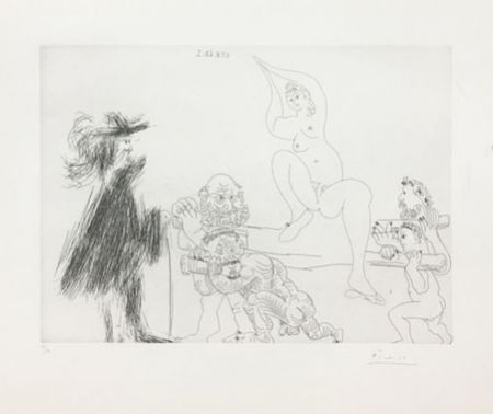 Incisione Picasso - Quatre portefaix apportant a un gentilhomme une jeune femme sur une litiere