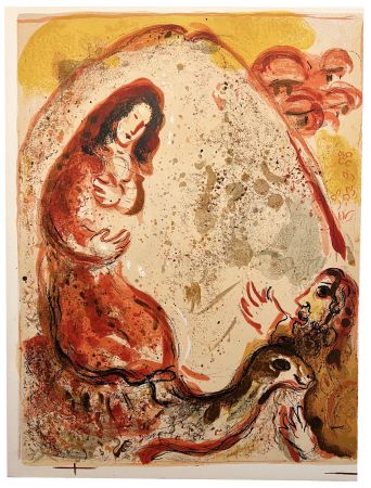 Litografia Chagall - RACHEL DÉROBE LES IDOLES DE SON PÈRE (Dessins pour la Bible, 1960)
