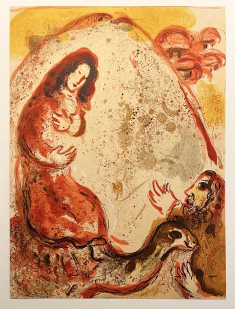 Litografia Chagall - RACHEL DÉROBE LES IDOLES DE SON PÈRE (Dessins pour la Bible, 1960)