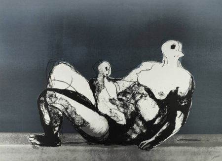 Litografia Moore - Reclining Mother and Child with Blue Background