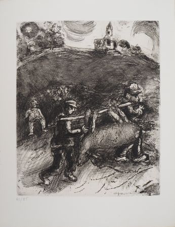 Incisione Chagall - Retour au village (Le meunier, son fils et l'âne)