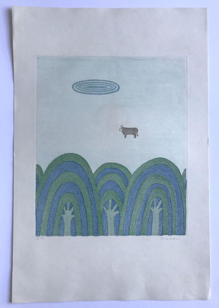 Acquatinta Minami - Sans titre (3 arbres et 1 vache)